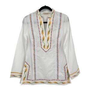 Tory Burch Top embellished ribbon embroidered tunic white size 6